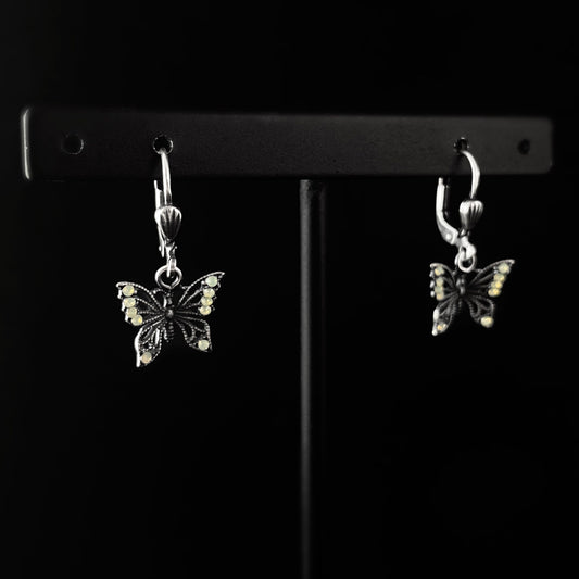 Silver Butterfly Drop Earrings with Pale Green Swarovski Crystals - La Vie Parisienne by Catherine Popesco