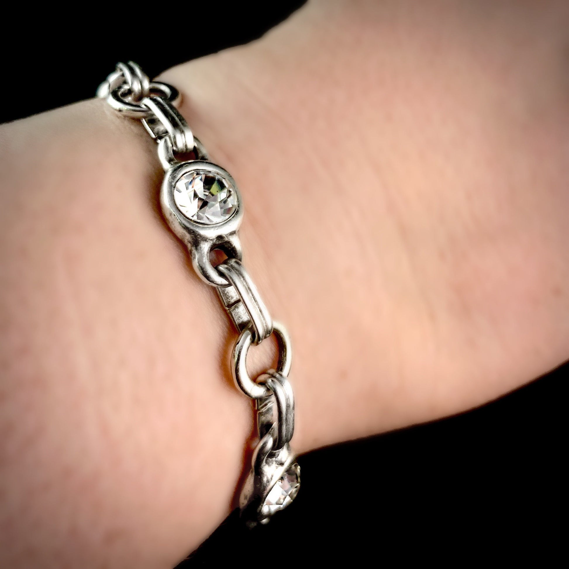 Silver Chain Bracelet with Clear Crystal Accents and Claw Closure, Handmade, Nickel Free-Noir