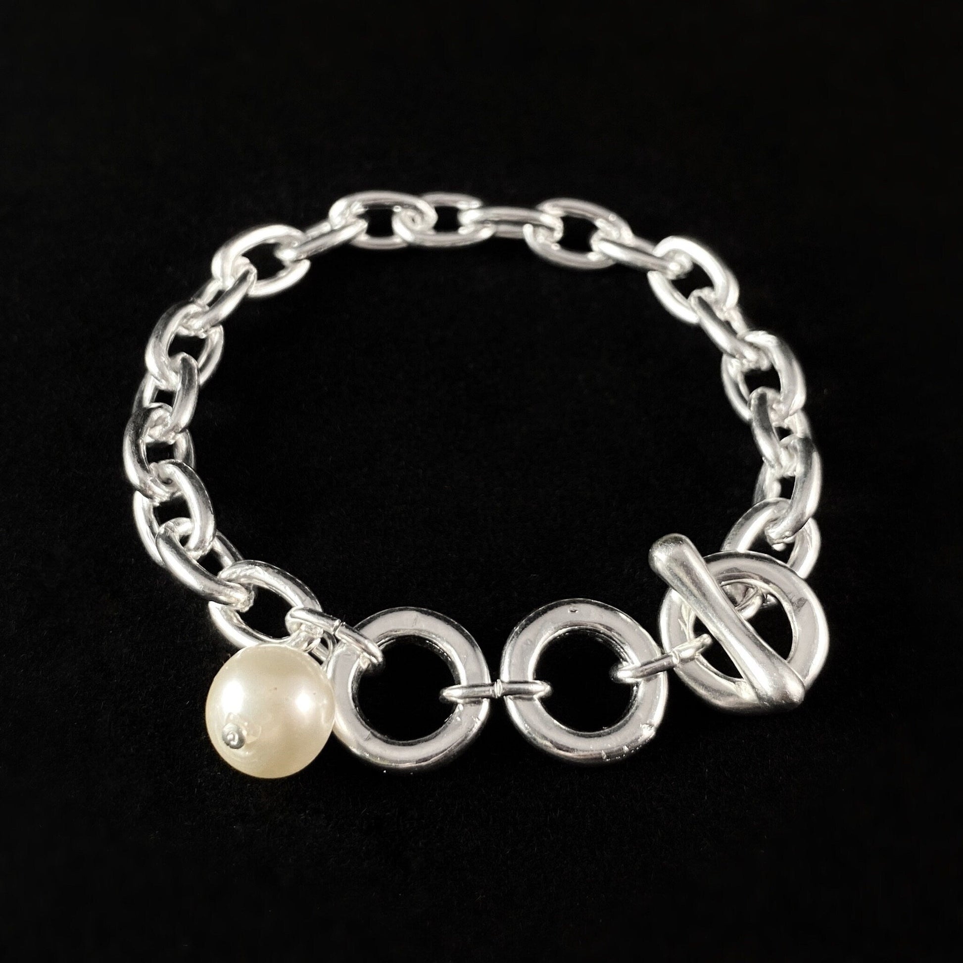 Silver Chain Bracelet with Dainty Pearl Charm - Handmade Nickel Free Ulla Jewelry