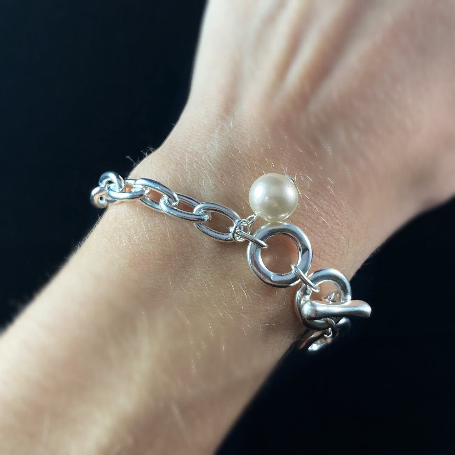 Silver Chain Bracelet with Dainty Pearl Charm - Handmade Nickel Free Ulla Jewelry