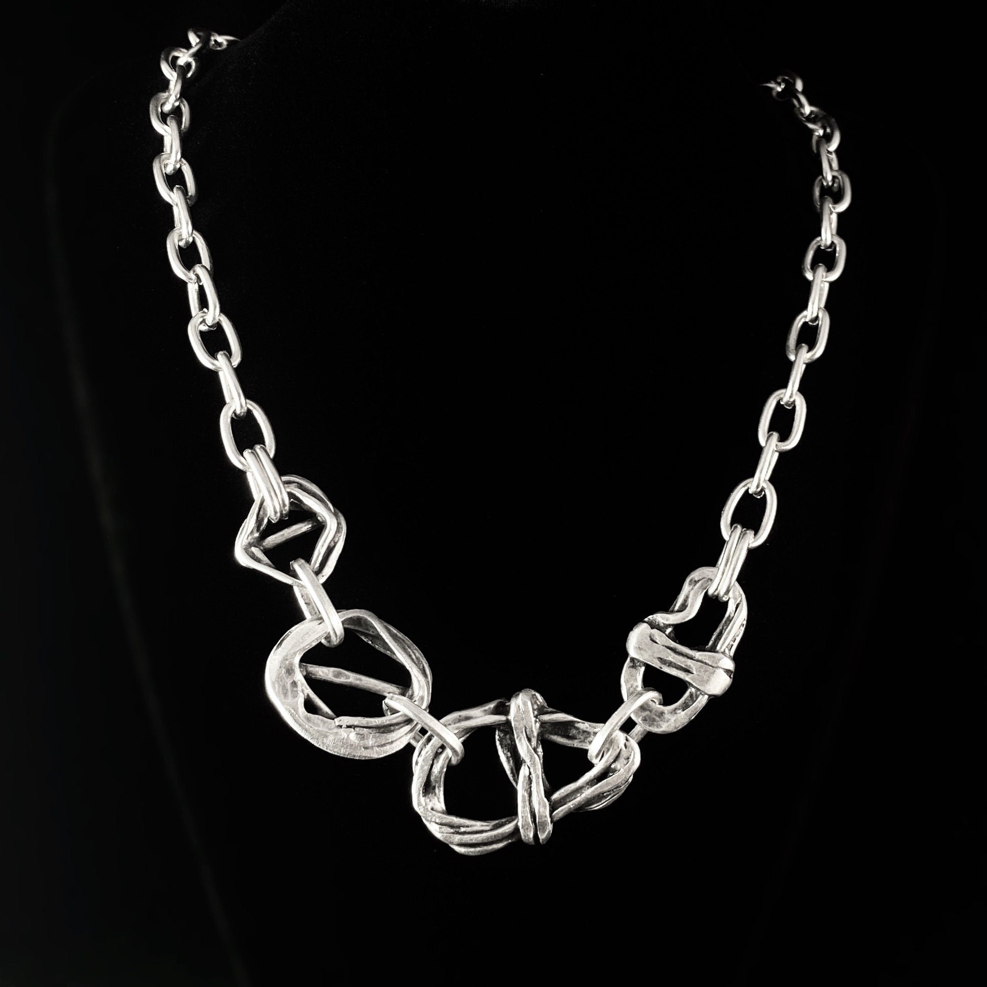 Silver Chain Link Abstract Necklace, Handmade, Nickel Free-Noir