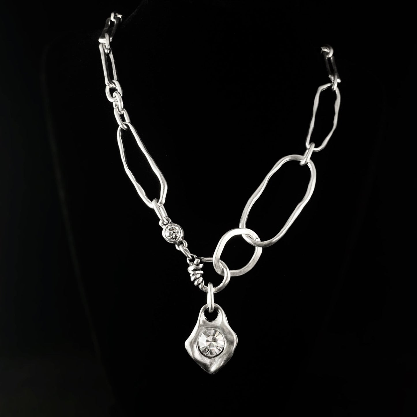 Silver Chain Link Abstract Necklace With Crystal Pendant and Crystal Accent, Handmade, Nickel Free-Noir