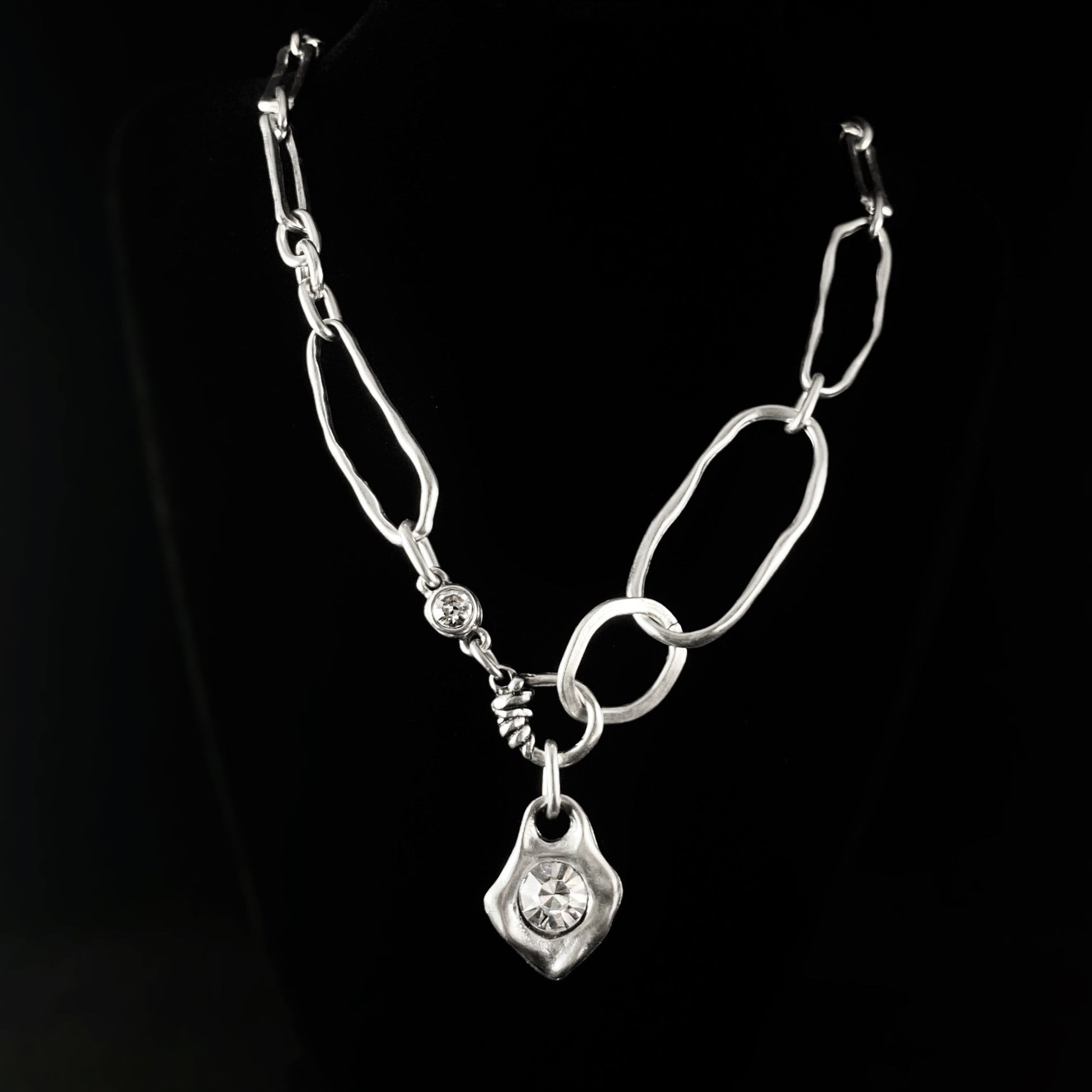 Silver Chain Link Abstract Necklace With Crystal Pendant and Crystal Accent, Handmade, Nickel Free-Noir