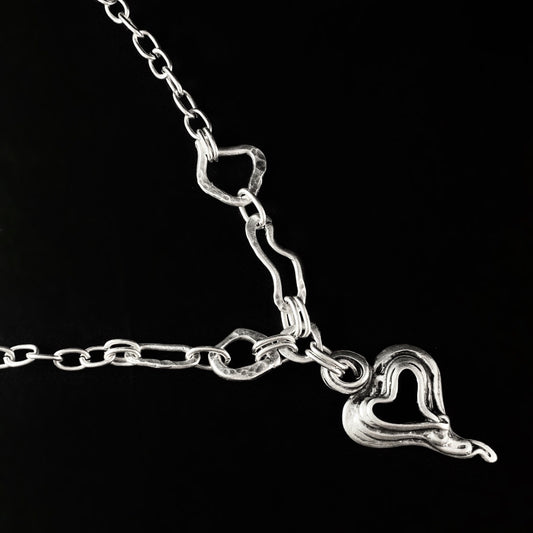 Silver Chain Link Abstract Necklace With Heart Pendant, Handmade, Nickel Free-Noir