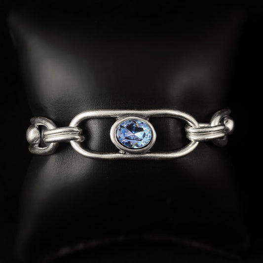 Silver Chain Link Bracelet with Blue Accent Crystal, Handmade, Nickel Free - Noir