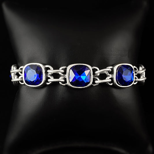Silver Chain Link Bracelet with Blue Crystals, Handmade, Nickel Free - Noir
