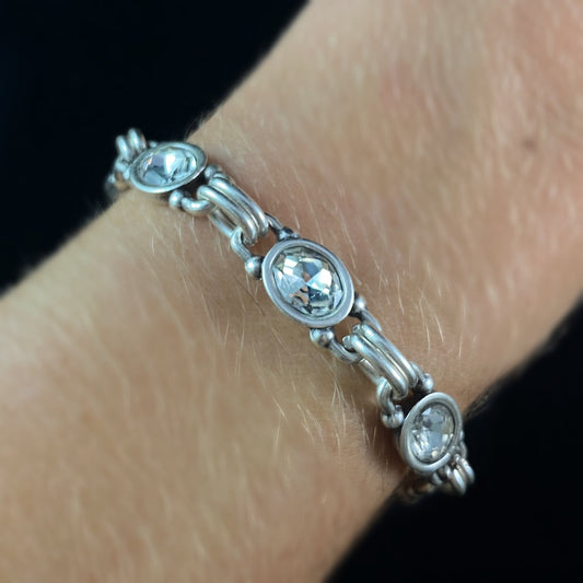 Silver Chain Link Bracelet with Clear Crystal Pattern, Handmade, Nickel Free - Noir