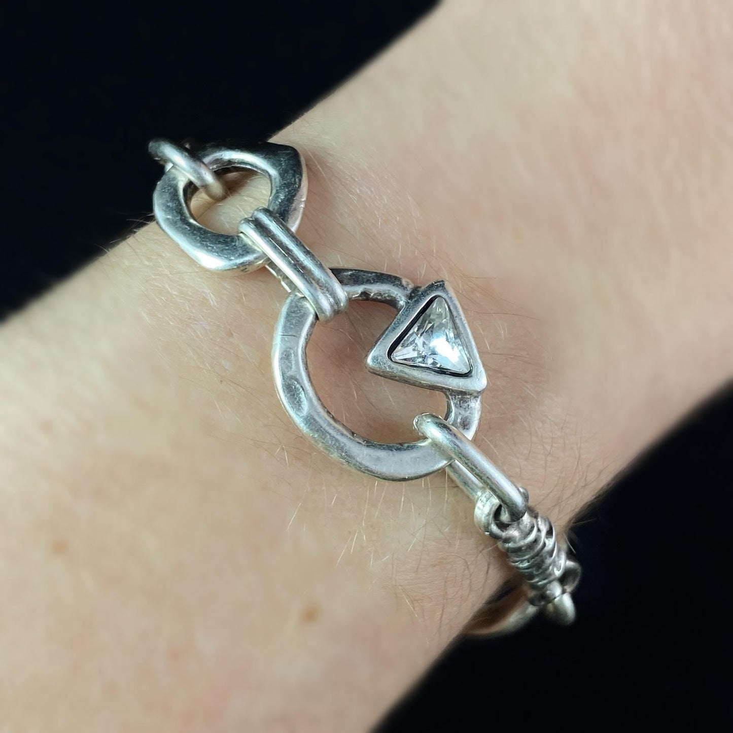 Silver Chain Link Bracelet with Clear Crystal Triangle Accent, Handmade, Nickel Free-Noir