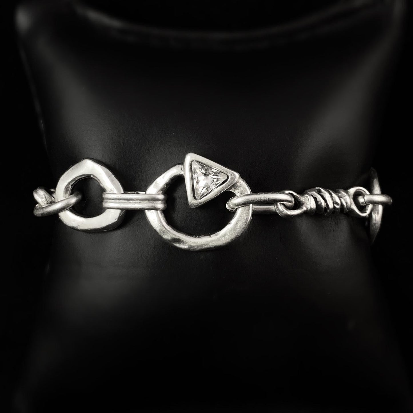 Silver Chain Link Bracelet with Clear Crystal Triangle Accent, Handmade, Nickel Free-Noir