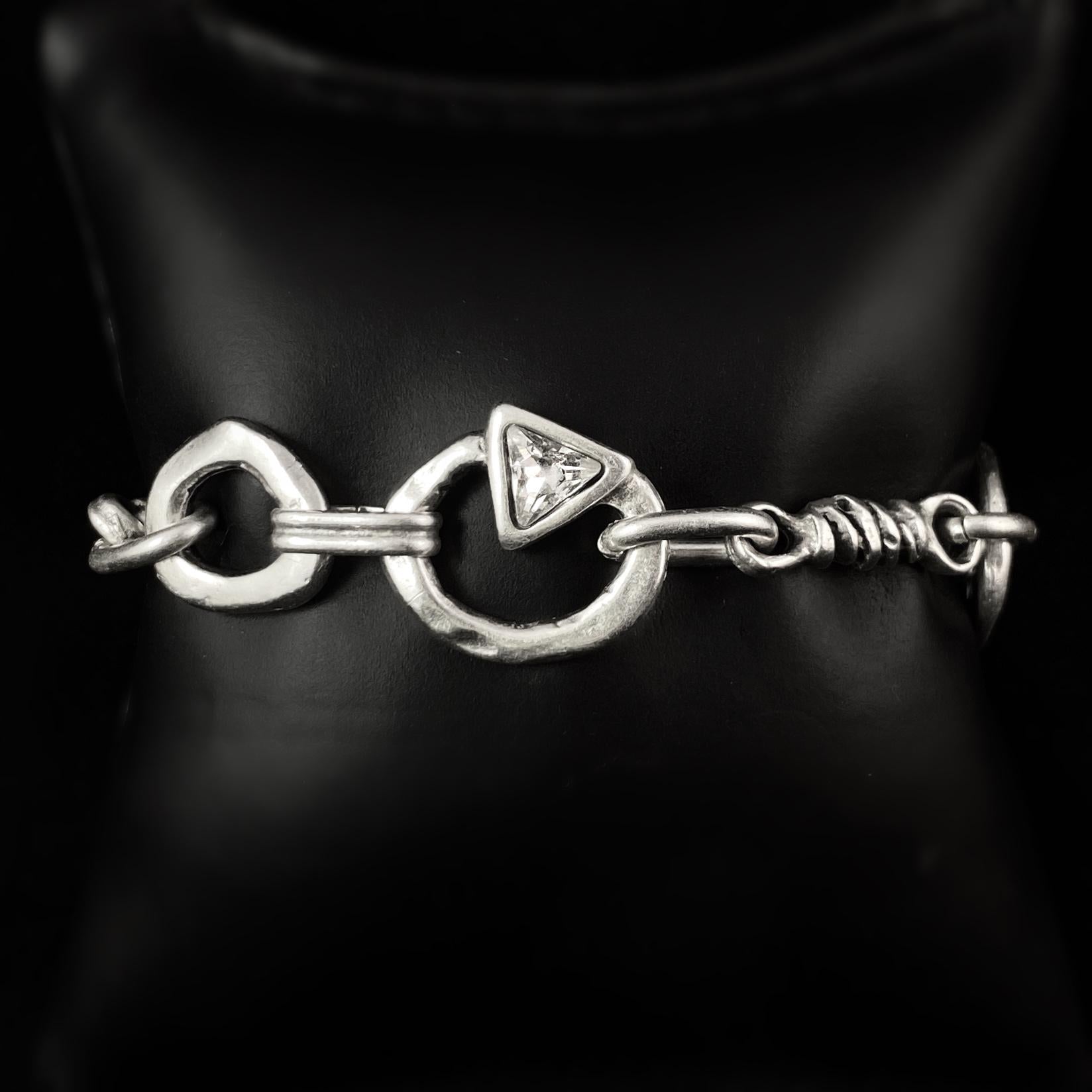 Silver Chain Link Bracelet with Clear Crystal Triangle Accent, Handmade, Nickel Free-Noir