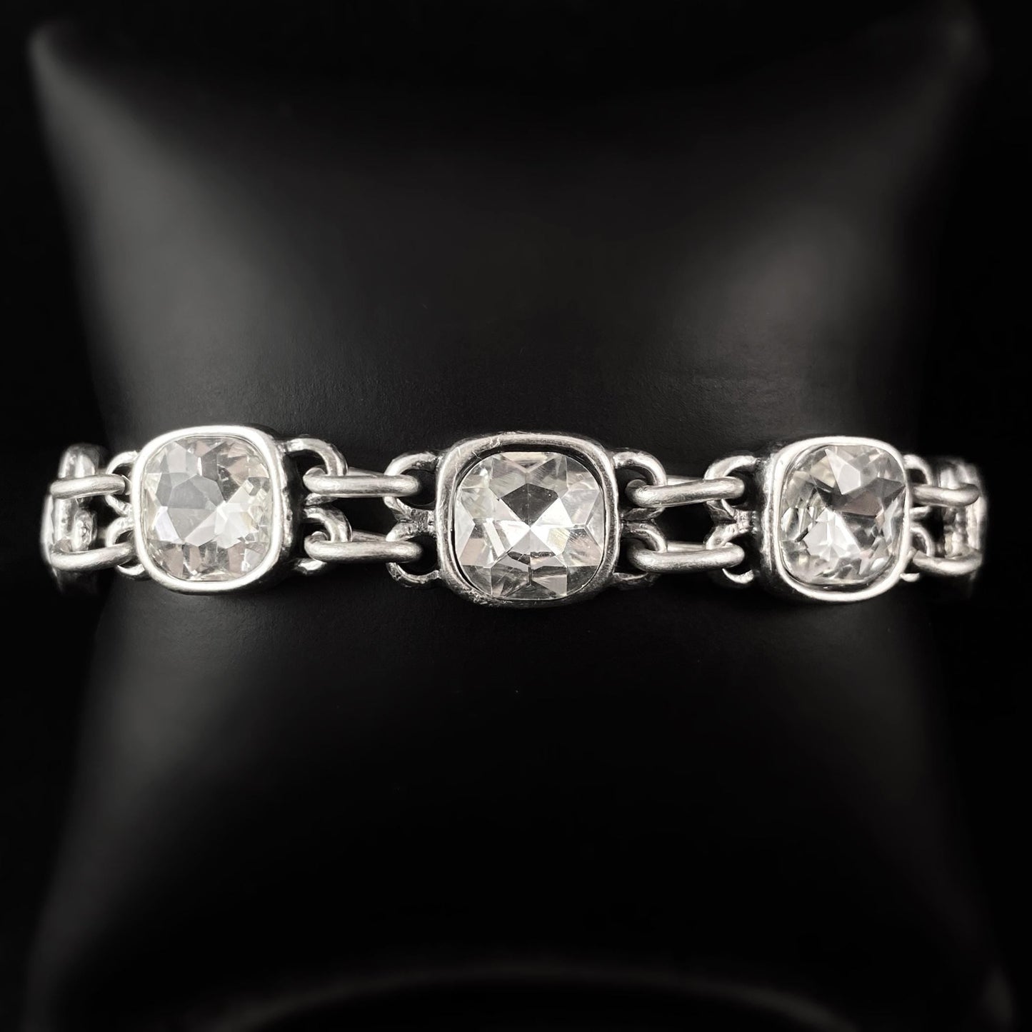 Silver Chain Link Bracelet with Clear Crystals, Handmade, Nickel Free - Noir