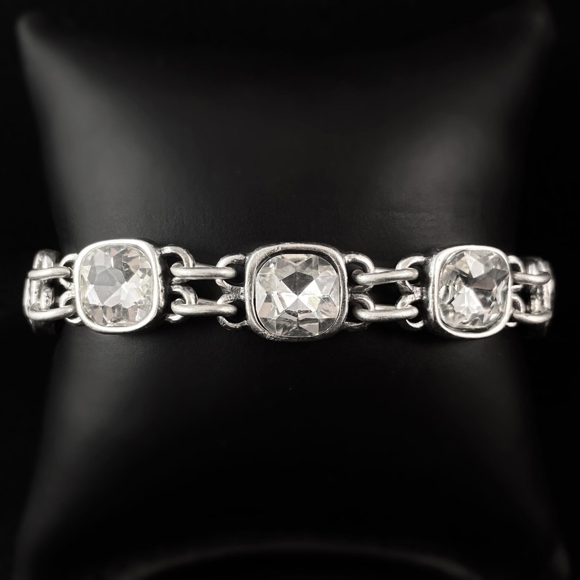 Silver Chain Link Bracelet with Clear Crystals, Handmade, Nickel Free - Noir