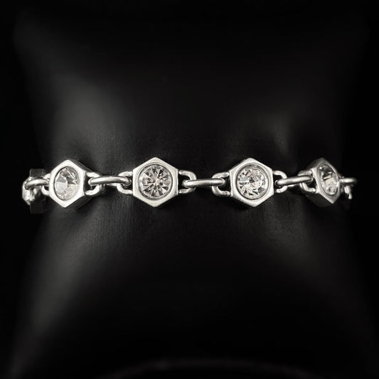 Silver Chain Link Bracelet with Clear Crystals Hexagon Pattern, Handmade, Nickel Free - Noir