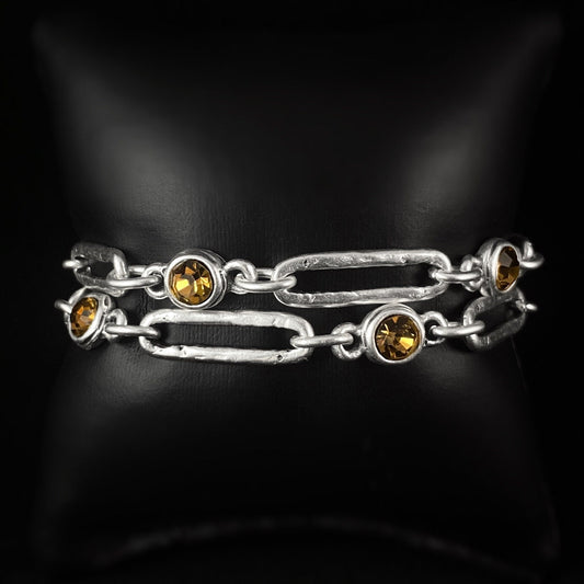 Silver Chain Link Bracelet with Yellow Crystal Accents and Toggle Closure, Handmade, Nickel Free - Noir