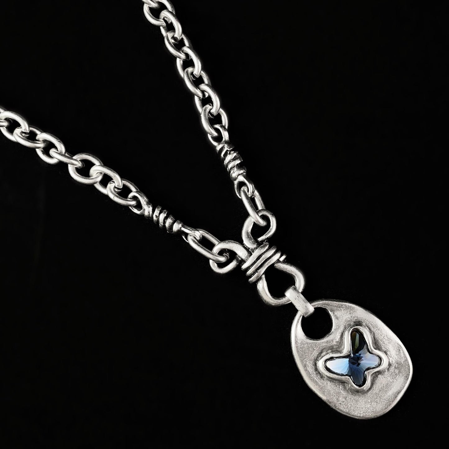 Silver Chain Link Necklace with Blue Crystal Butterfly Pendant, Handmade, Nickel Free-Noir