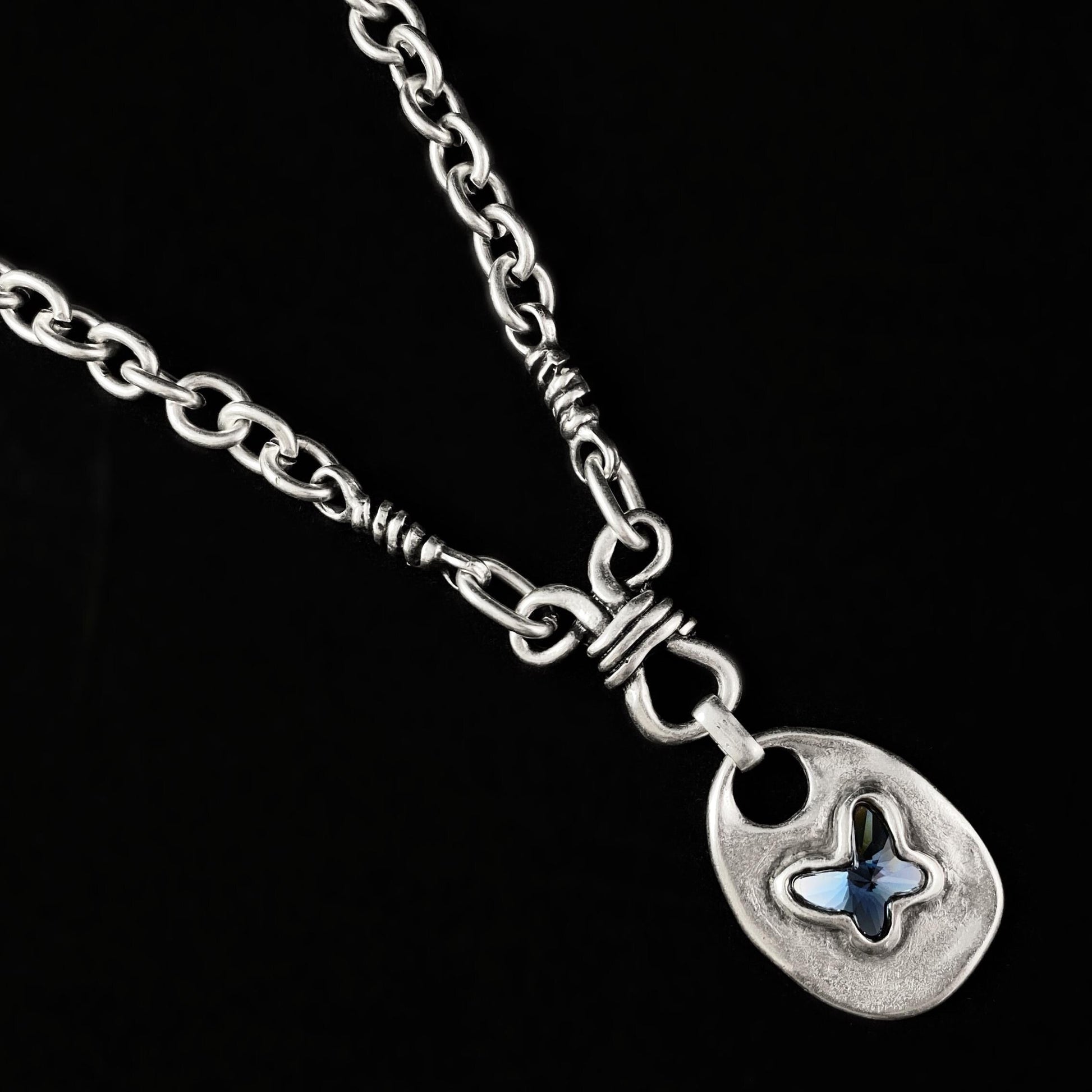 Silver Chain Link Necklace with Blue Crystal Butterfly Pendant, Handmade, Nickel Free-Noir