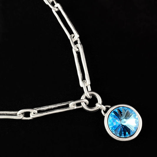 Silver Chain Link Necklace with Blue Crystal Circle Pendant, Handmade, Nickel Free - Noir