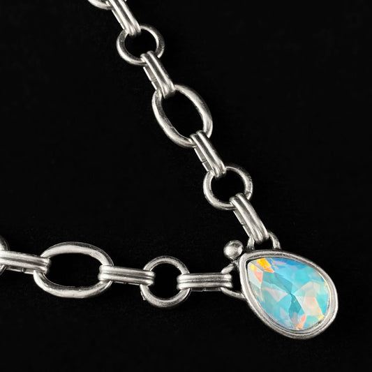Silver Chain Link Necklace with Blue Opal Pendant, Handmade, Nickel Free - Noir