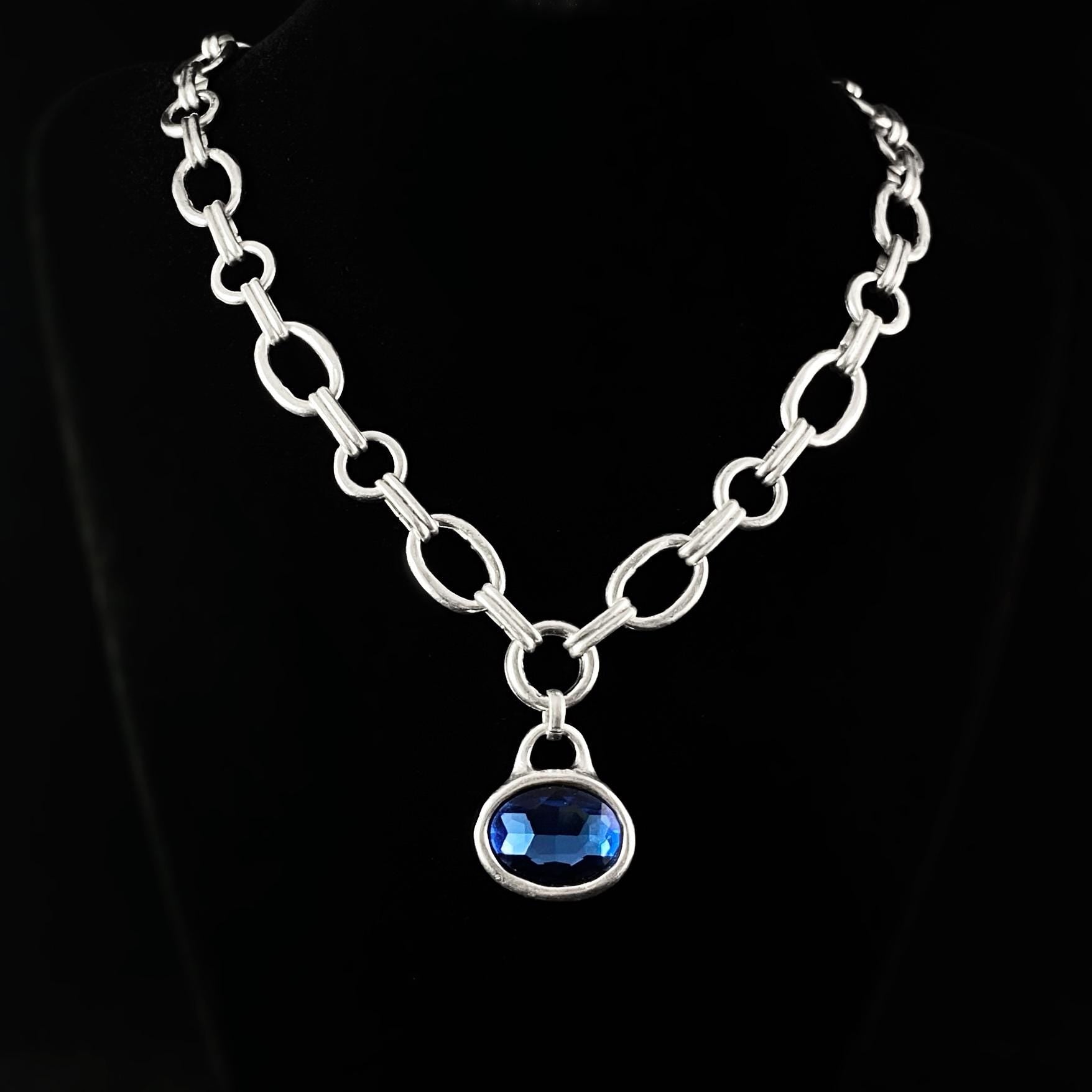 Silver Chain Link Necklace with Blue Oval Crystal Pendant, Handmade, Nickel Free-Noir