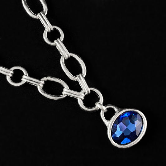 Silver Chain Link Necklace with Blue Oval Crystal Pendant, Handmade, Nickel Free-Noir