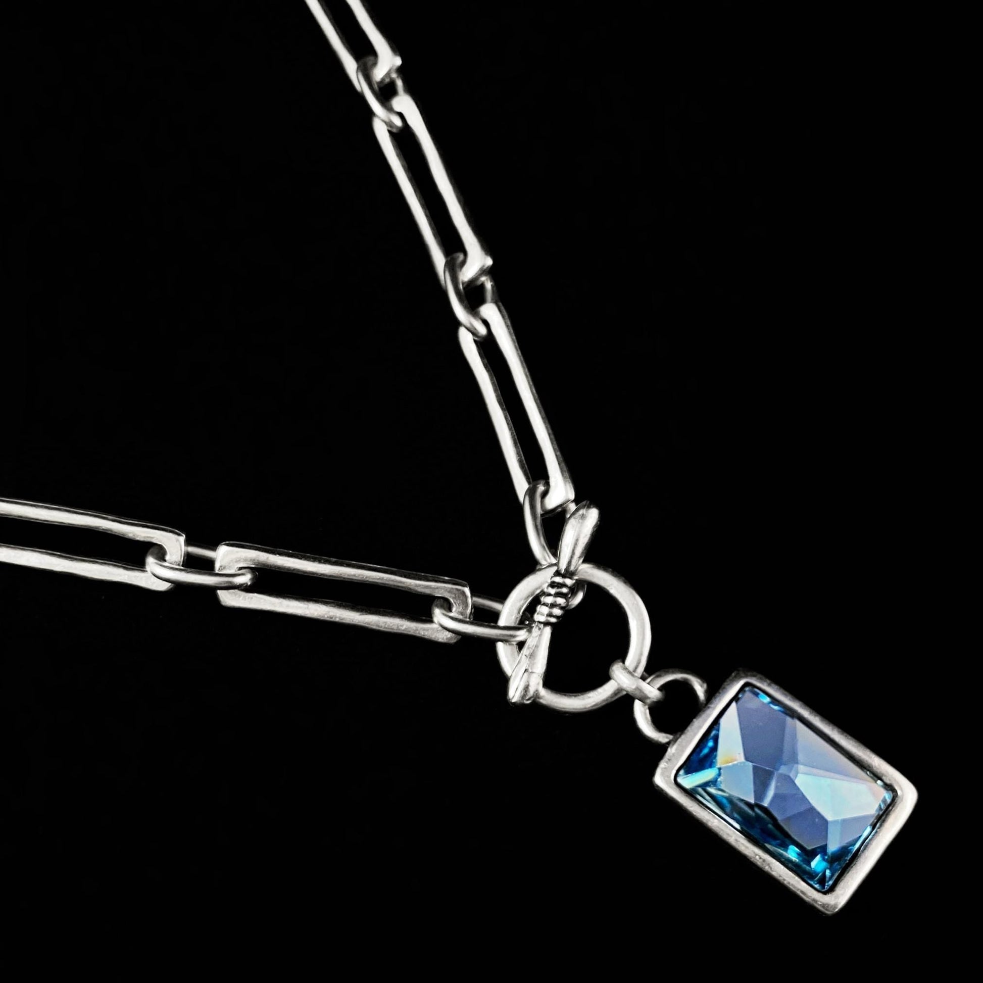 Silver Chain Link Necklace with Blue Rectangle Crystal Pendant and Toggle Closure, Handmade, Nickel Free-Noir