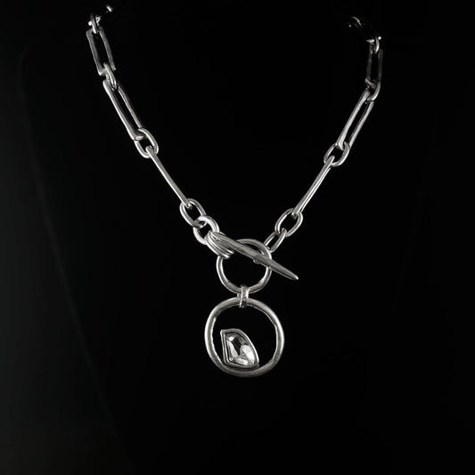 Silver Chain Link Necklace with Clear Crystal and Circle Accents and Toggle Clasp, Handmade, Nickel Free-Noir