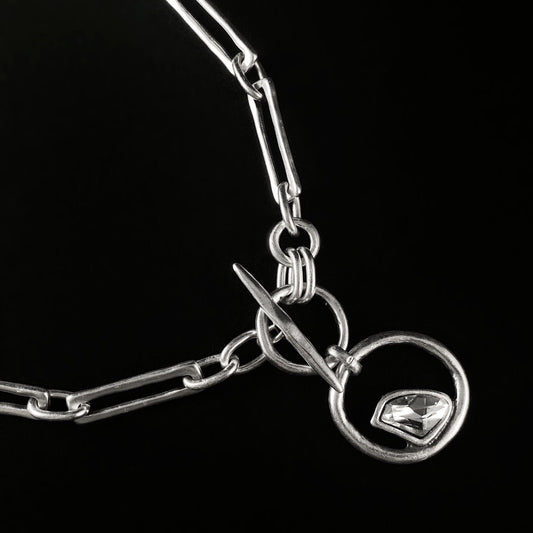 Silver Chain Link Necklace with Clear Crystal and Circle Accents and Toggle Clasp, Handmade, Nickel Free-Noir