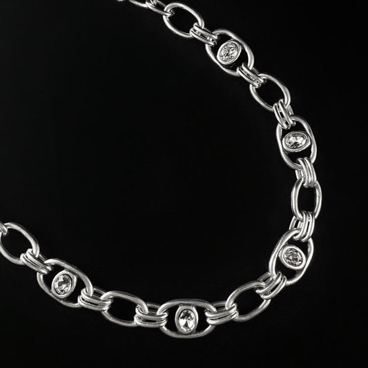 Silver Chain Link Necklace with Clear Round Crystals, Handmade, Nickel Free-Noir