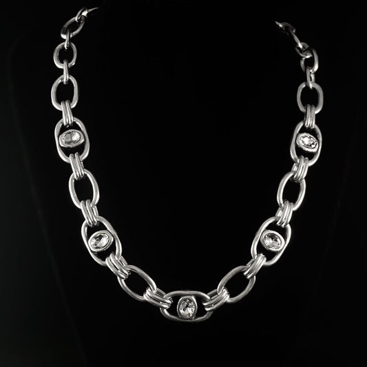 Silver Chain Link Necklace with Clear Round Crystals, Handmade, Nickel Free-Noir