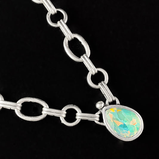 Silver Chain Link Necklace with Green Opal Pendant, Handmade, Nickel Free - Noir