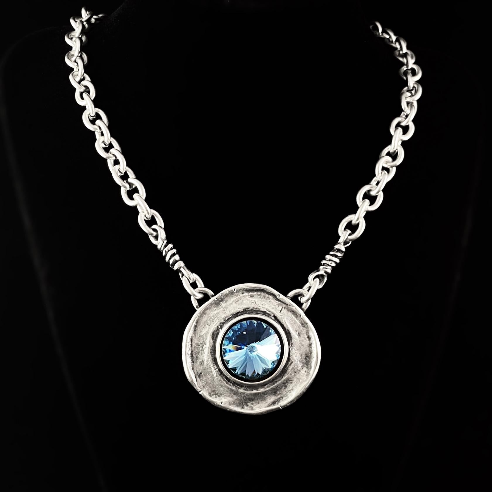 Silver Chain Link Necklace with Large Blue Crystal Medallion Pendant, Handmade, Nickel Free - Noir