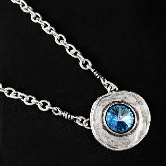 Silver Chain Link Necklace with Large Blue Crystal Medallion Pendant, Handmade, Nickel Free - Noir