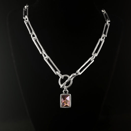 Silver Chain Link Necklace with Pink Crystal Rectangular Accent and Toggle Clasp, Handmade, Nickel Free-Noir