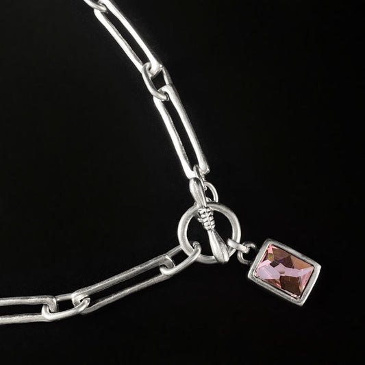 Silver Chain Link Necklace with Pink Crystal Rectangular Accent and Toggle Clasp, Handmade, Nickel Free-Noir