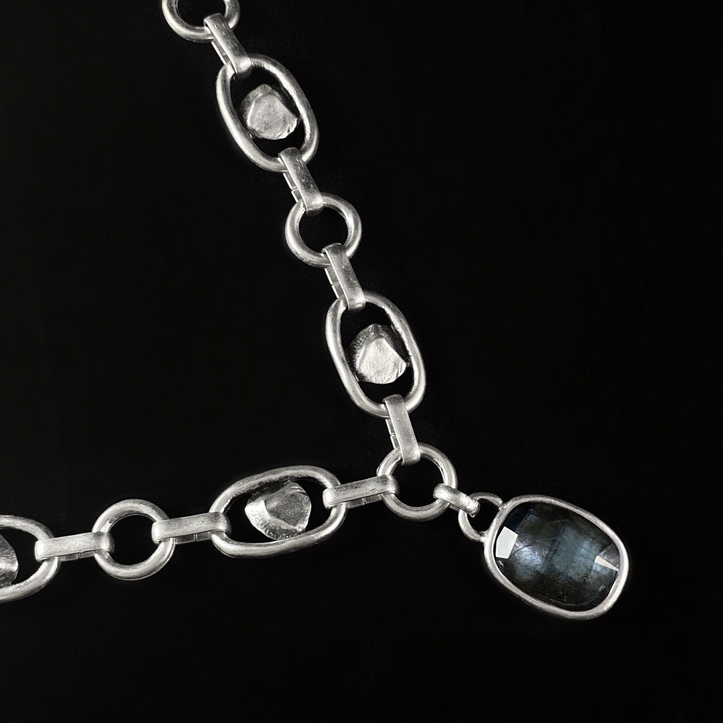 Silver Chain Link Necklace with Smokey Blue Rectangular Crystal Accent, Handmade, Nickel Free-Noir