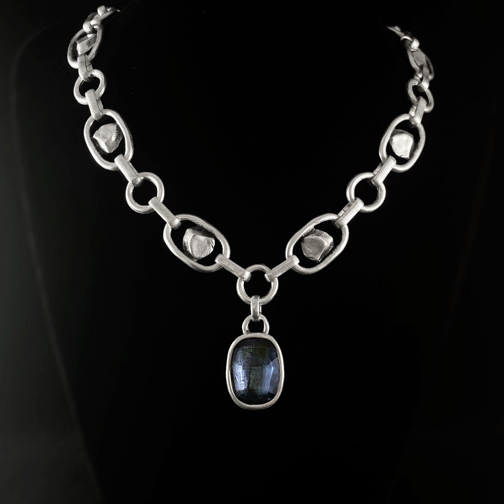 Silver Chain Link Necklace with Smokey Blue Rectangular Crystal Accent, Handmade, Nickel Free-Noir