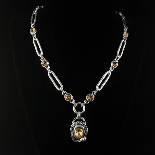 Silver Chain Link Necklace with Yellow Crystal Accents and Braid Detail Pendant, Handmade, Nickel Free-Noir