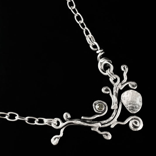 Silver Chain Link Abstract Necklace With Heart Pendant, Handmade, Nickel Free-Noir