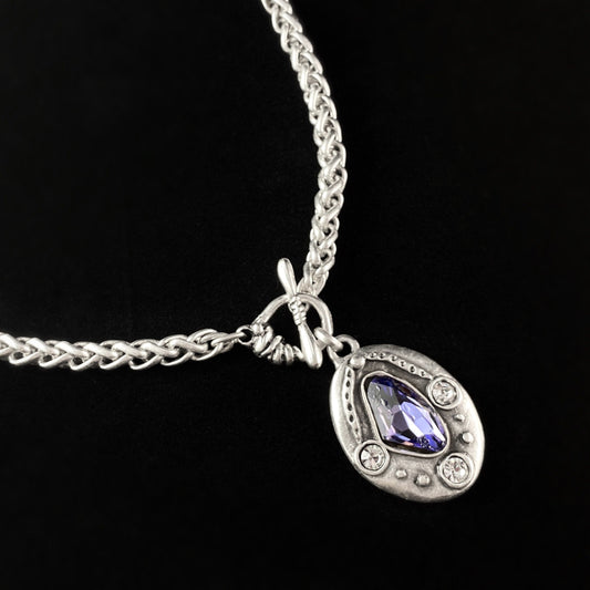 Silver Chain Necklace with Blue Crystal Pendant and White Crystal Accents, Handmade, Nickel Free