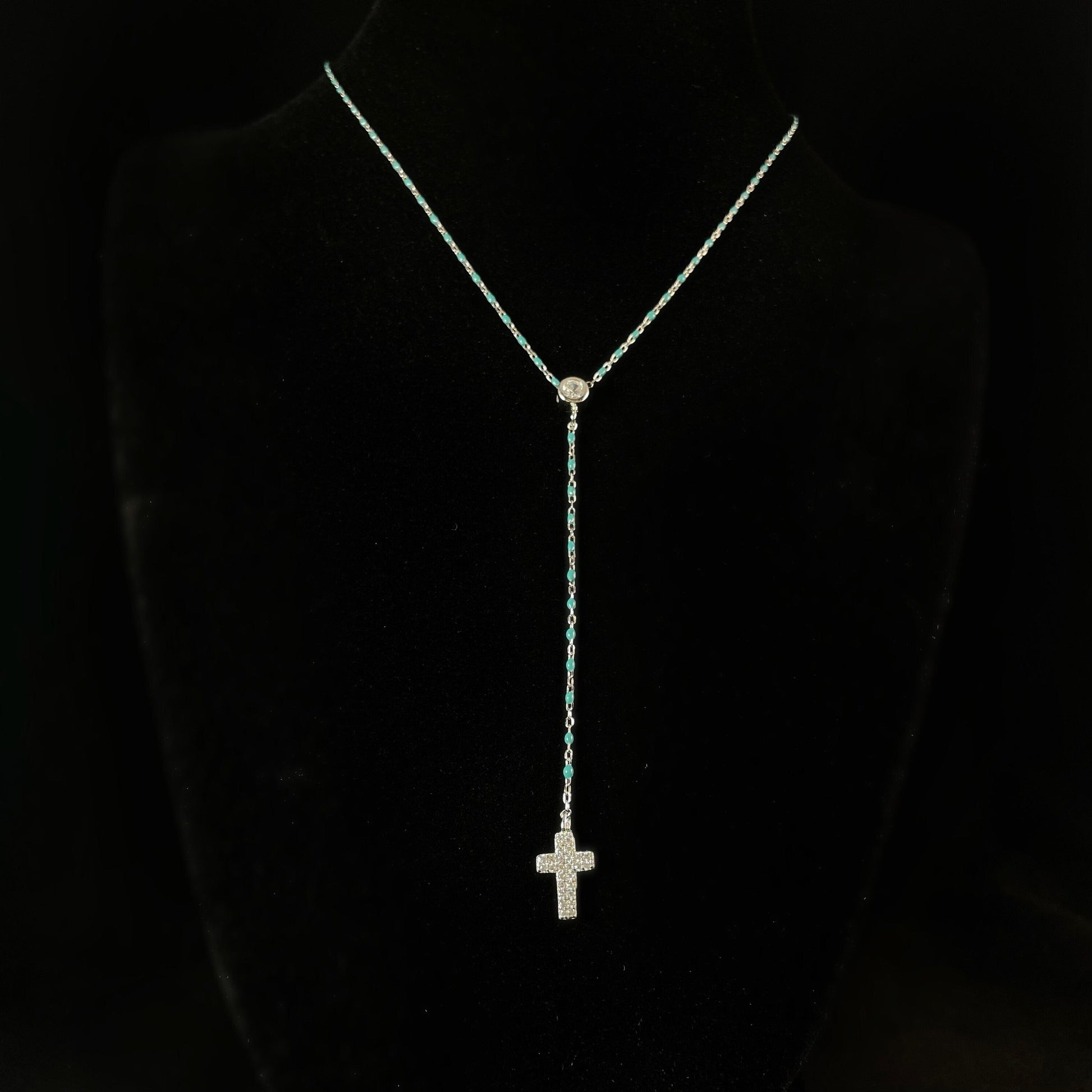 Silver Chain Necklace with Turquoise Beads and Crystal Cross - Handmade in Spain
