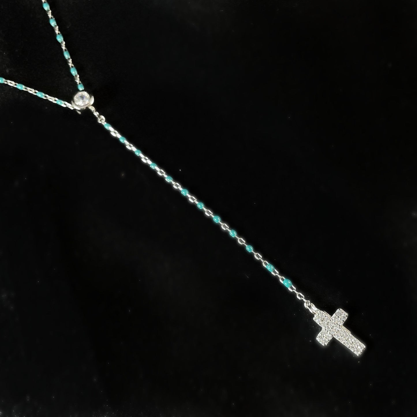 Silver Chain Necklace with Turquoise Beads and Crystal Cross - Handmade in Spain