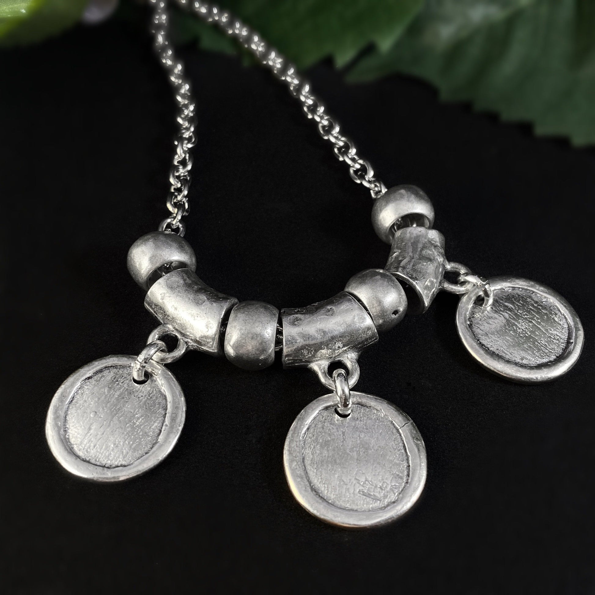 Silver Chunky Beaded Medallion Disc Pendant Necklace - Handmade Nickel Free Ulla Jewelry