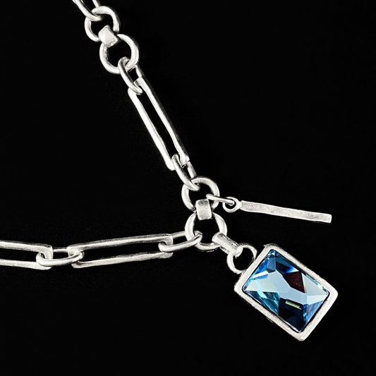 Silver Chunky Chain Link Necklace with Blue Crystal Pendant and Bar Accent, Handmade, Nickel Free - Noir