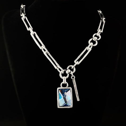 Silver Chunky Chain Link Necklace with Blue Crystal Pendant and Bar Accent, Handmade, Nickel Free - Noir