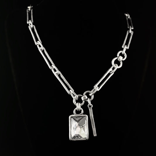 Silver Chunky Chain Link Necklace with Clear Crystal Pendant and Bar Accent, Handmade, Nickel Free - Noir