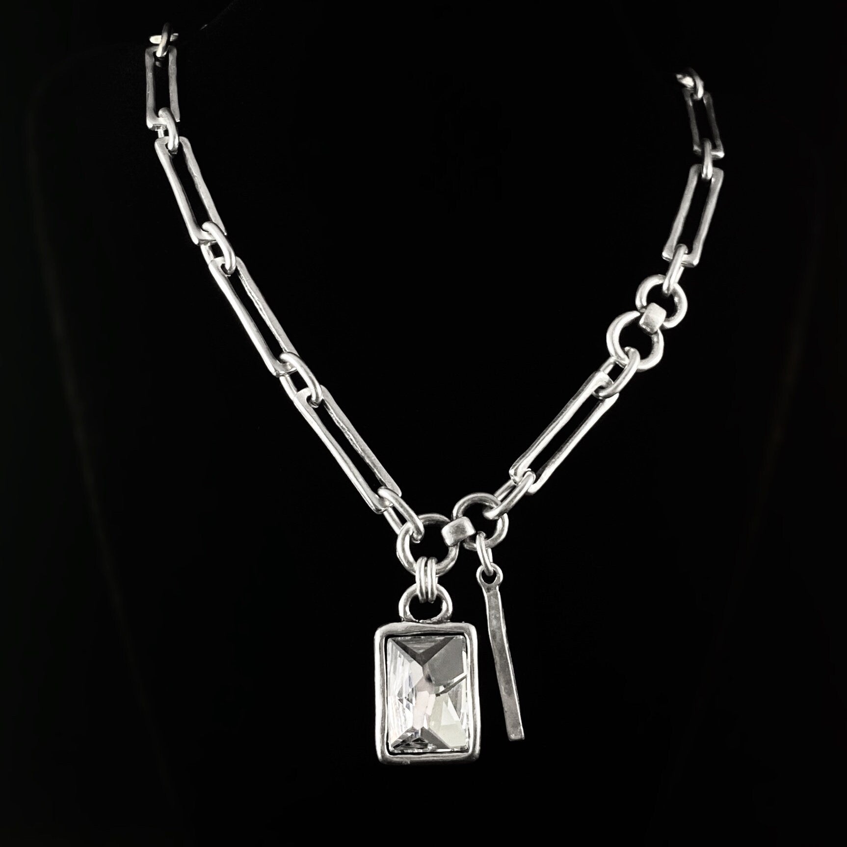 Silver Chunky Chain Link Necklace with Clear Crystal Pendant and Bar Accent, Handmade, Nickel Free - Noir