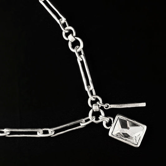 Silver Chunky Chain Link Necklace with Clear Crystal Pendant and Bar Accent, Handmade, Nickel Free - Noir