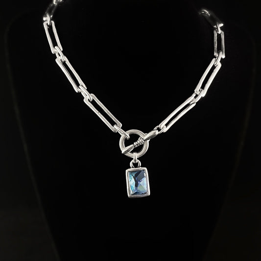 Silver Chunky Chain Link Necklace with Toggle Closure and Crystal Pendant, Handmade, Nickel Free-Noir