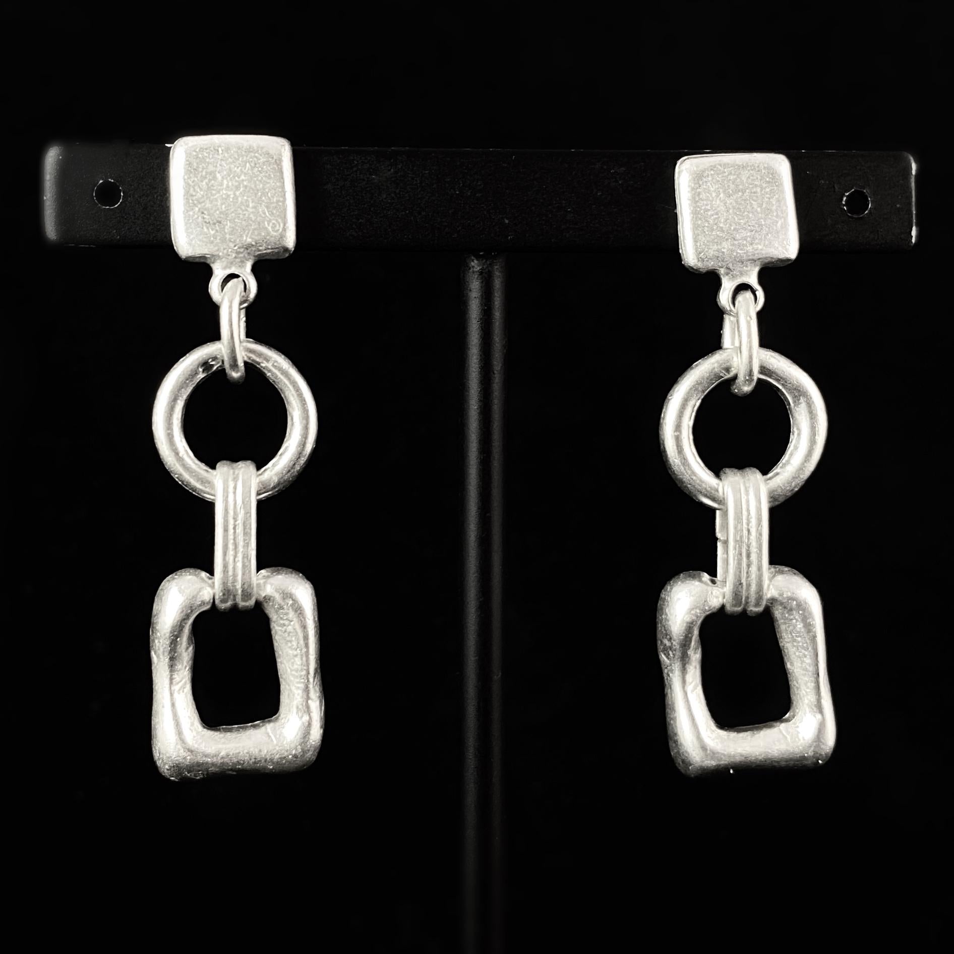 Silver Circle and Rectangle Drop Earrings, Handmade, Nickel Free - Noir