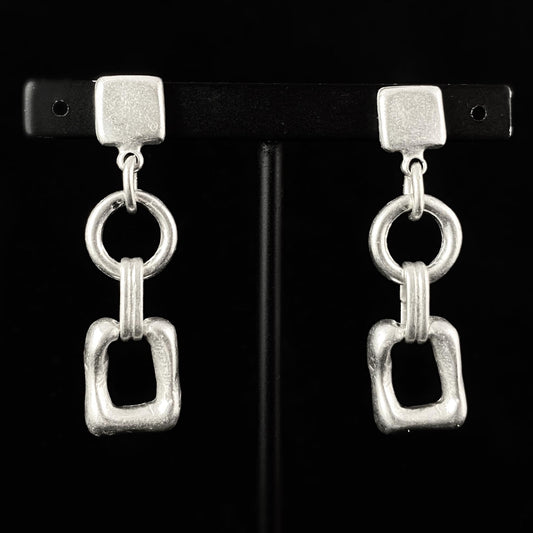 Silver Circle and Rectangle Drop Earrings, Handmade, Nickel Free - Noir